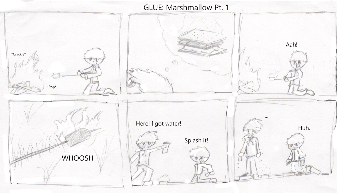A Comic about a funny moment of dropping a flaming marshmallow into the grass while camping.